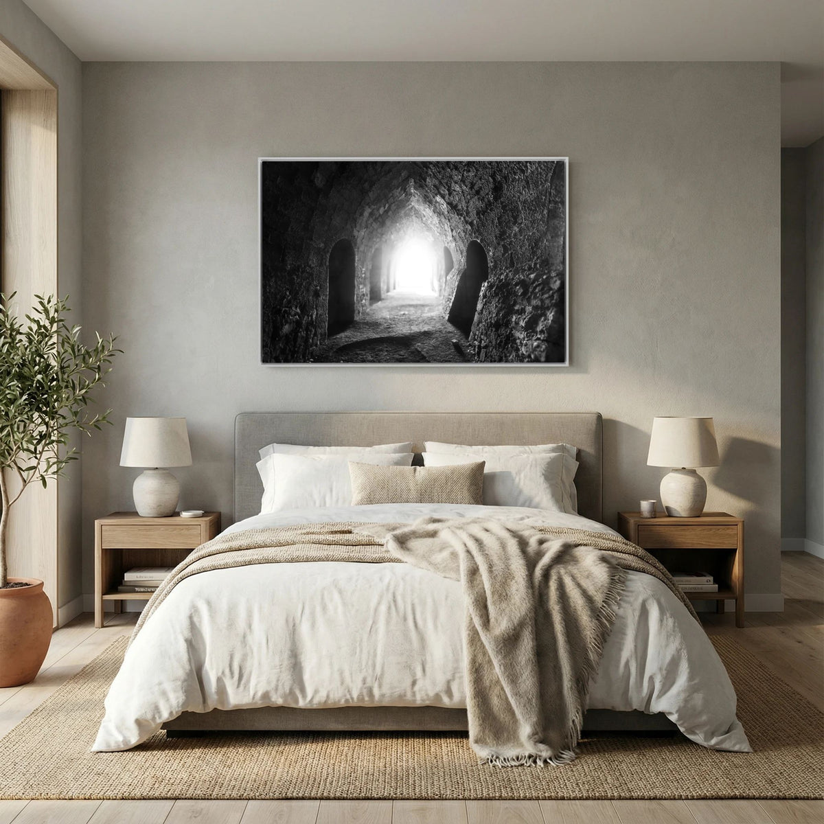 Light Through the Kilns | Lindisfarne Lime Kilns | Monochrome Framed Canvas