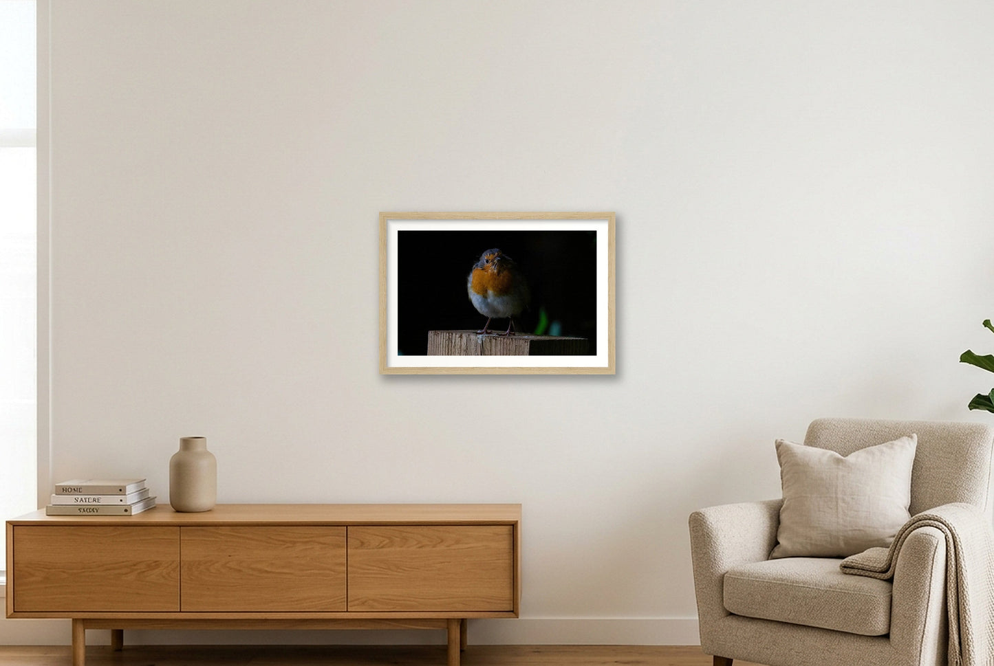 Portrait of a Robin — 45×30cm, 18×12" Oak Frame
