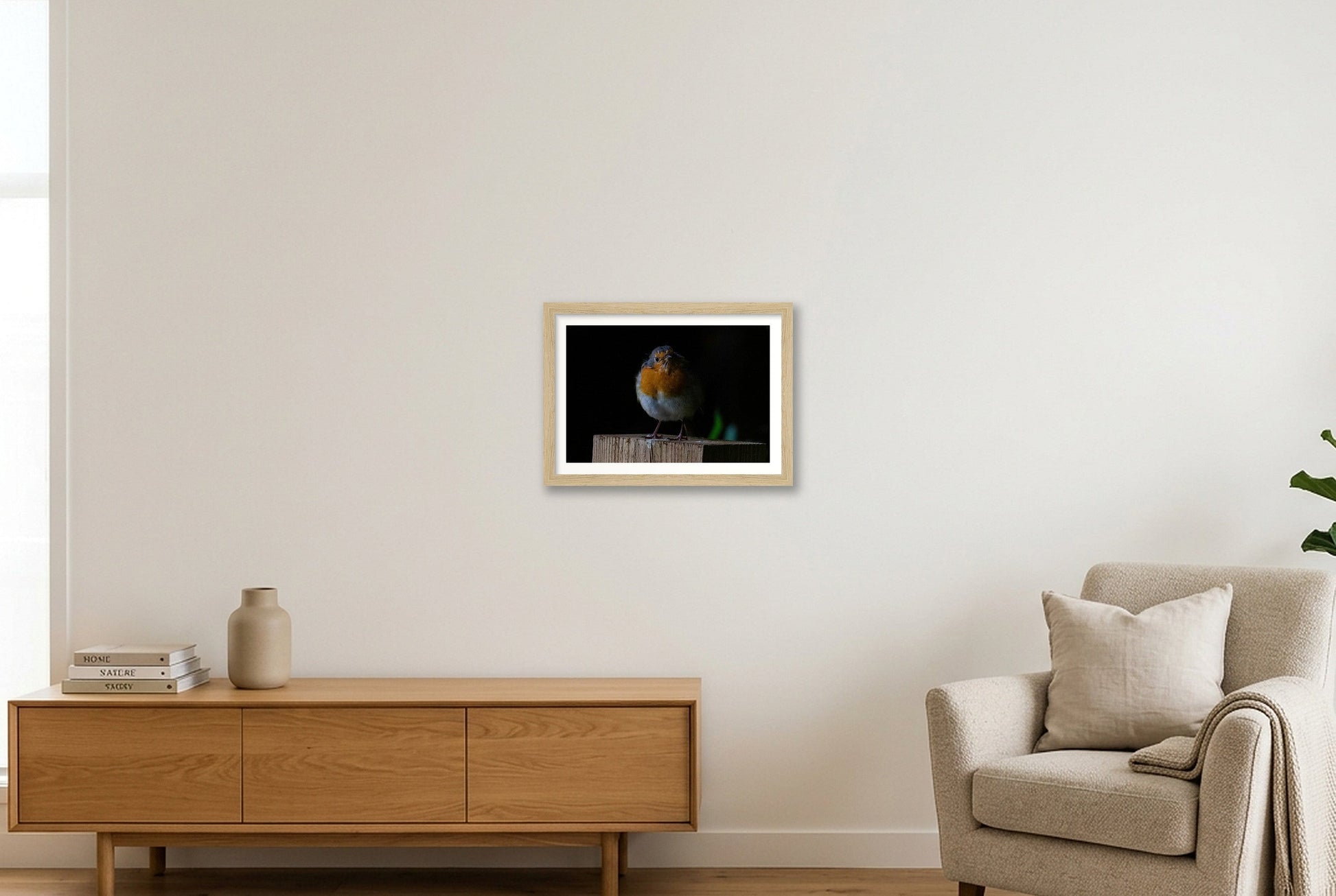 Portrait of a Robin — A4 (30×21cm, 12×8") Oak Frame