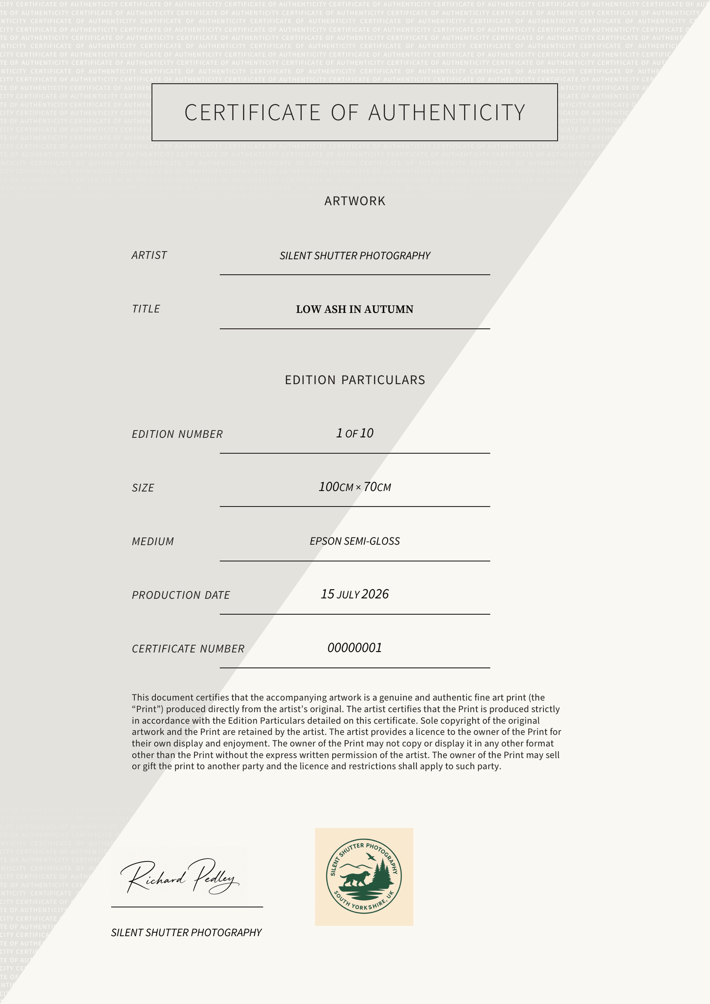 Low Ash in Autumn — Certificate of Authenticity
