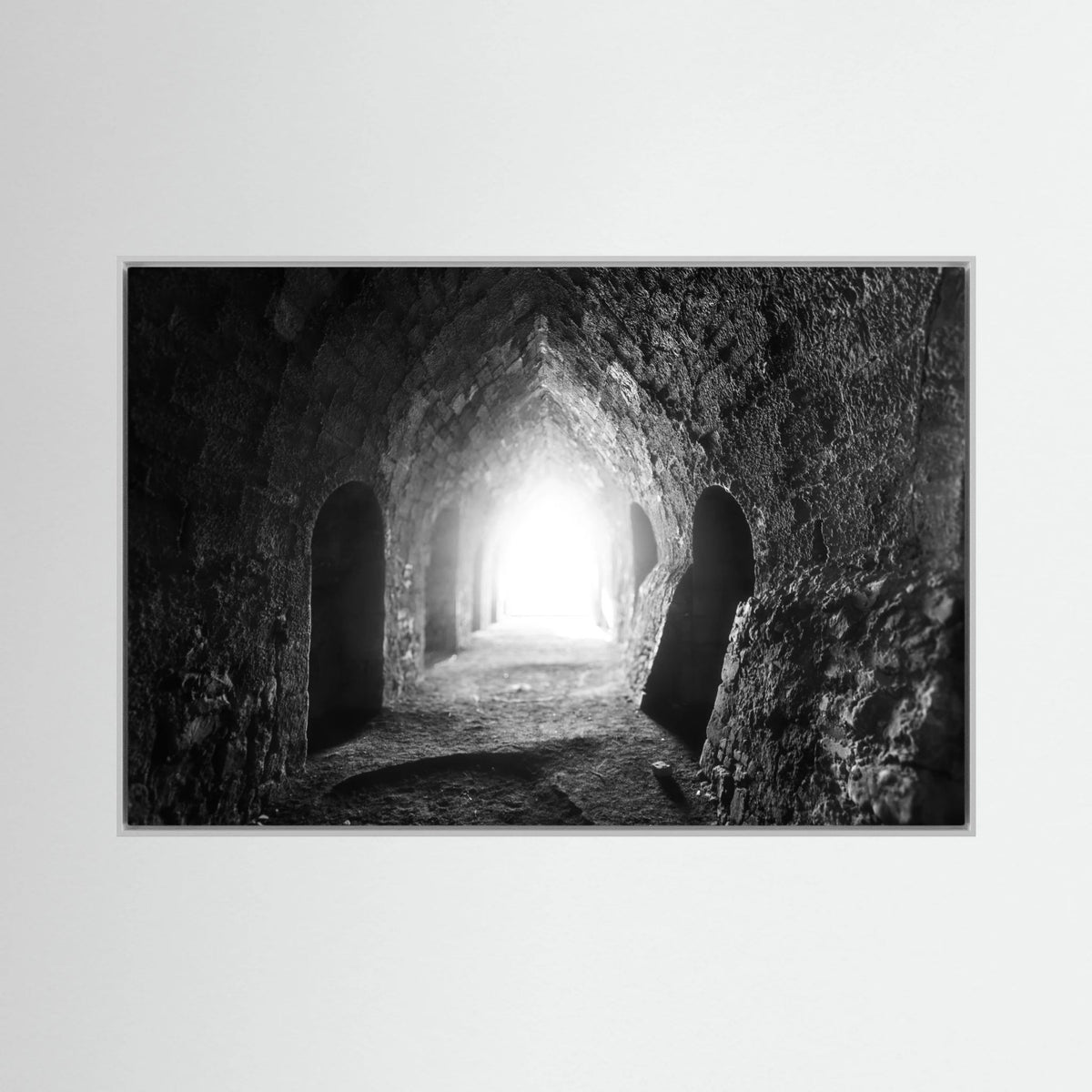Light Through the Kilns | Lindisfarne Lime Kilns | Monochrome Framed Canvas