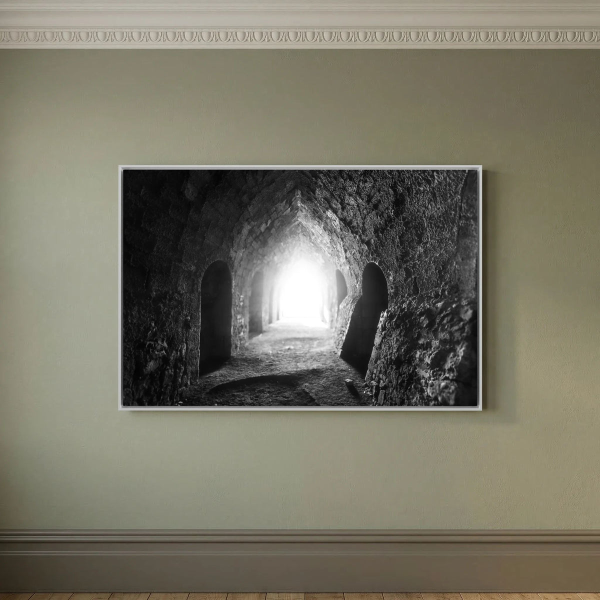 Light Through the Kilns | Lindisfarne Lime Kilns | Monochrome Framed Canvas